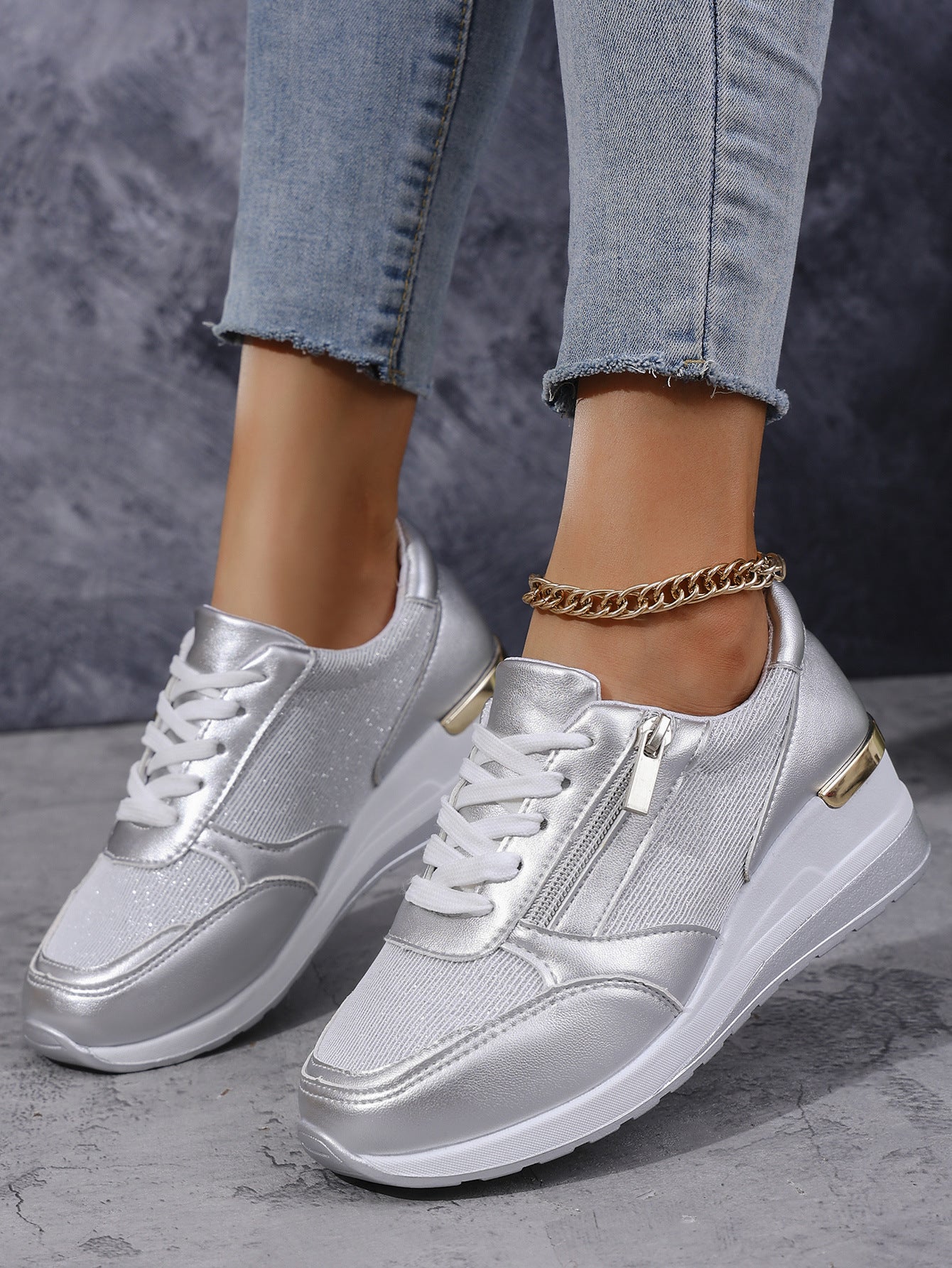Women's Lace-up Casual Shoes FFashion Side Zipper Design Thick-soled Shoes Walking Running Sports Sneakers