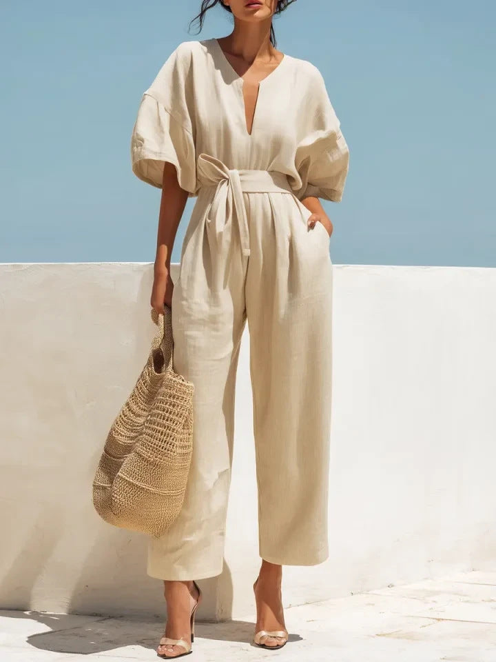 Fashionable V-Neck Solid Color Cotton-Linen Jumpsuit For Women