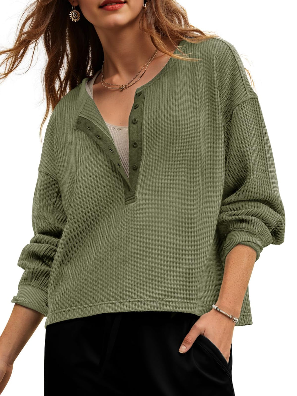 Fisoew Womens Cropped Sweatshirt Casual Waffle Knit Button V Neck Long Sleeve Loose Fit Fall Crop Tops