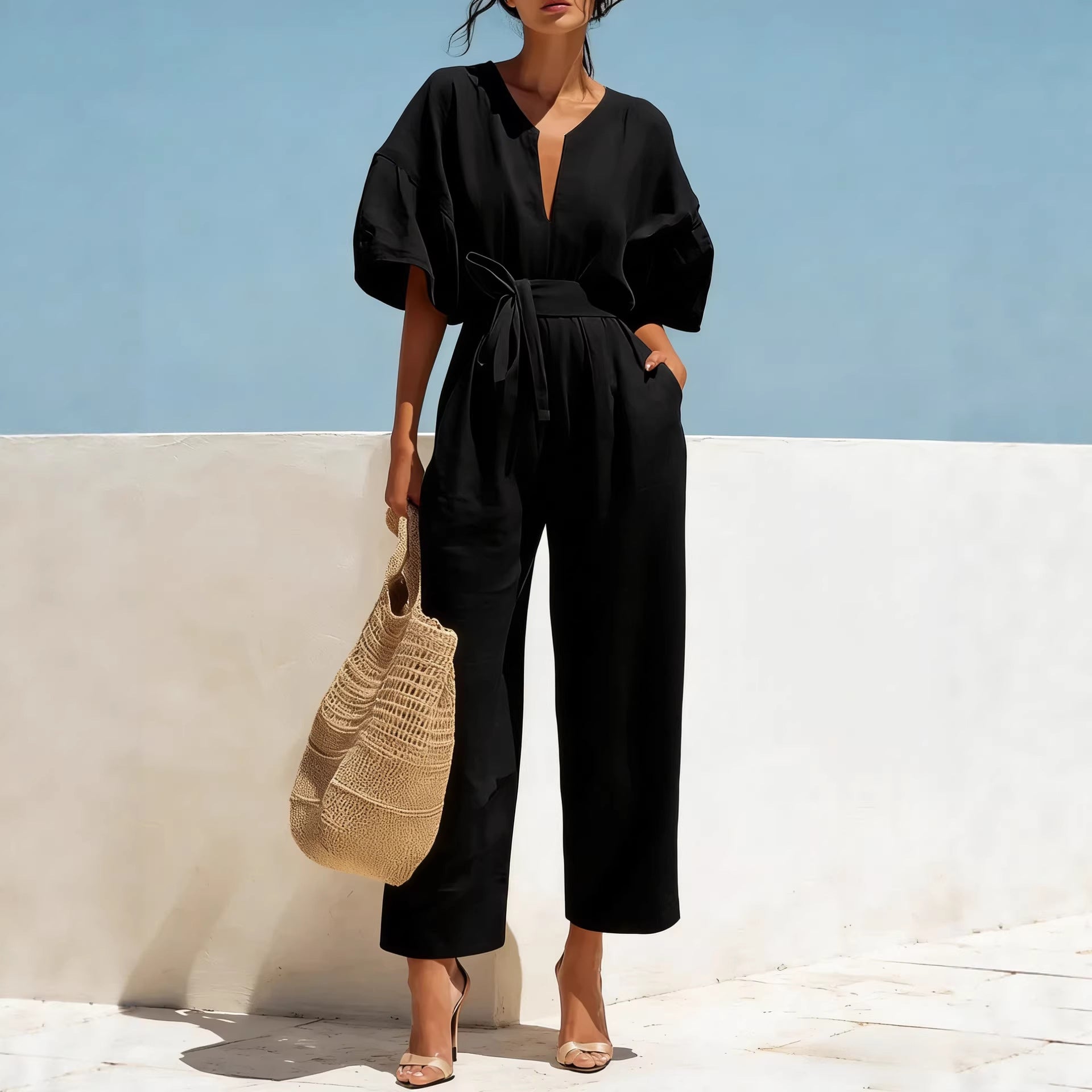 Fashionable V-Neck Solid Color Cotton-Linen Jumpsuit For Women