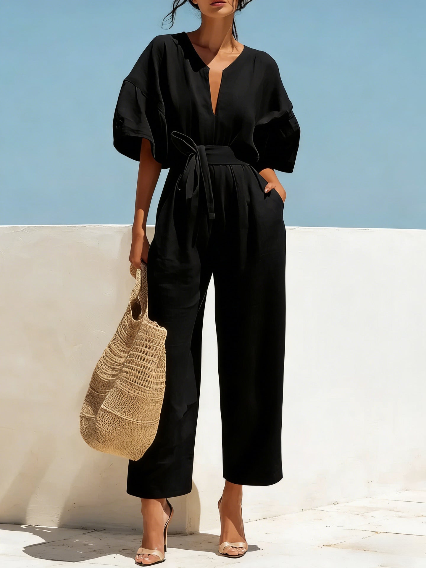 Fashionable V-Neck Solid Color Cotton-Linen Jumpsuit For Women
