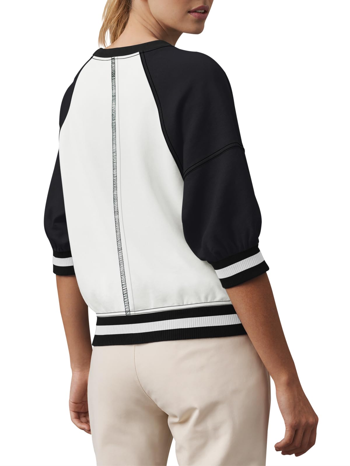 Fisoew Womens Crewneck Sweatshirt Ribbed Raglan Half Sleeve Pullover Tops Color Block Loose Fit Sweatshirts