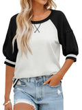 Fisoew Womens Crewneck Sweatshirt Ribbed Raglan Half Sleeve Pullover Tops Color Block Loose Fit Sweatshirts