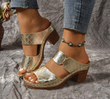 Chunky Heel Sandals Summer Round Toe Plaid Slides Slippers Fashion Outdoor High Heels Shoes For Women