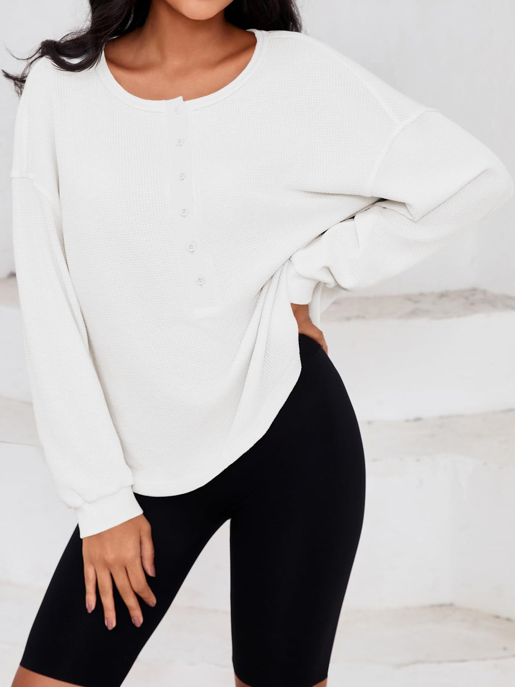 Fisoew Womens Cropped Sweatshirt Casual Waffle Knit Button V Neck Long Sleeve Loose Fit Fall Crop Tops