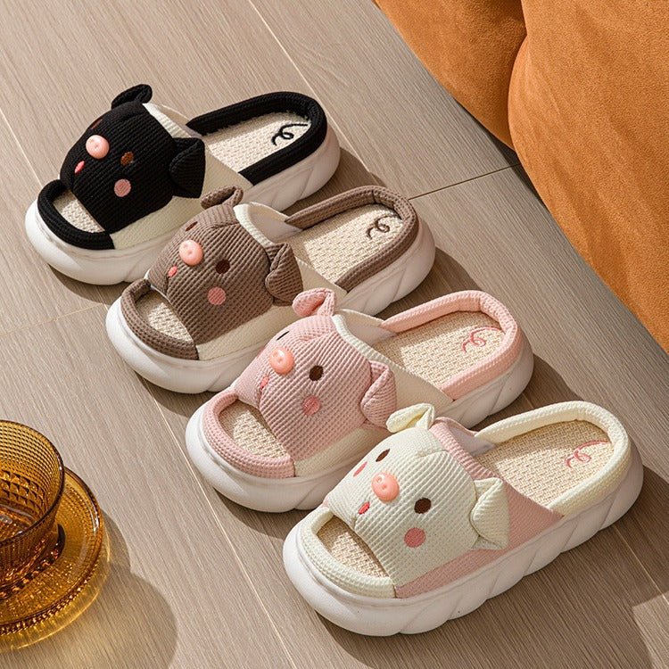 Cute Piggy Slippers Open Toe Linen Home Slipper Couples Women Men Cartoon Pig House Shoes
