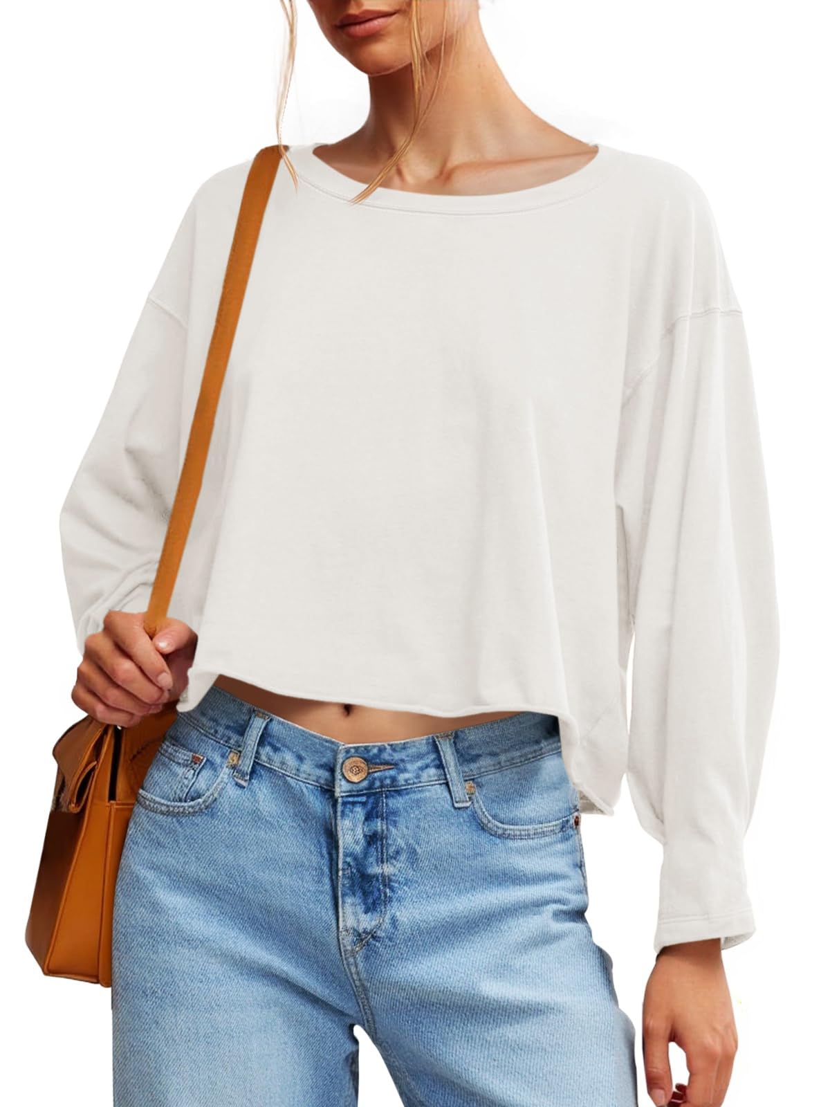 Fisoew Womens Long Sleeve Crop Tops Loose Fit Crew Neck Cropped T Shirts 2025 Casual Workout Tee Shirt Tops