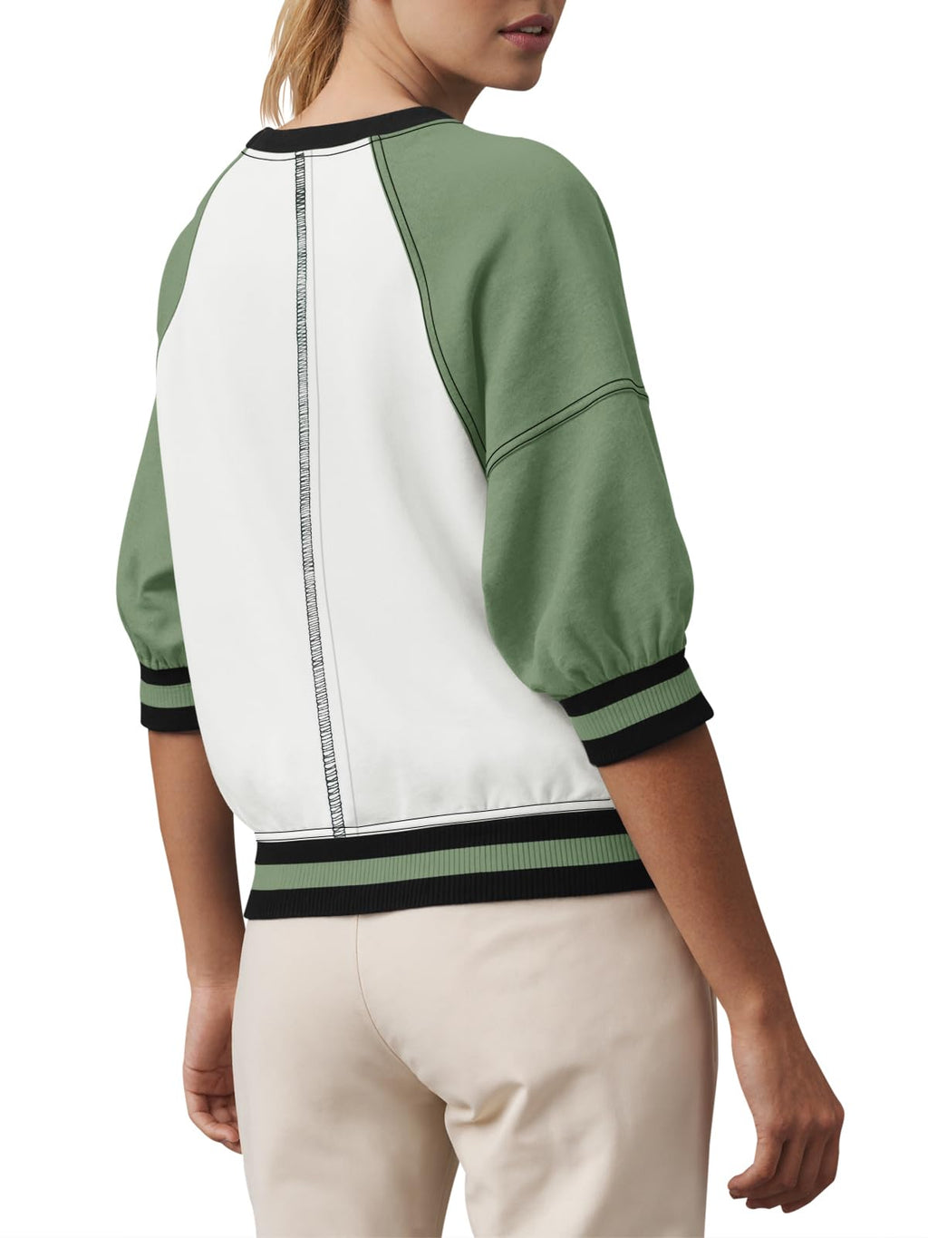 Fisoew Womens Crewneck Sweatshirt Ribbed Raglan Half Sleeve Pullover Tops Color Block Loose Fit Sweatshirts