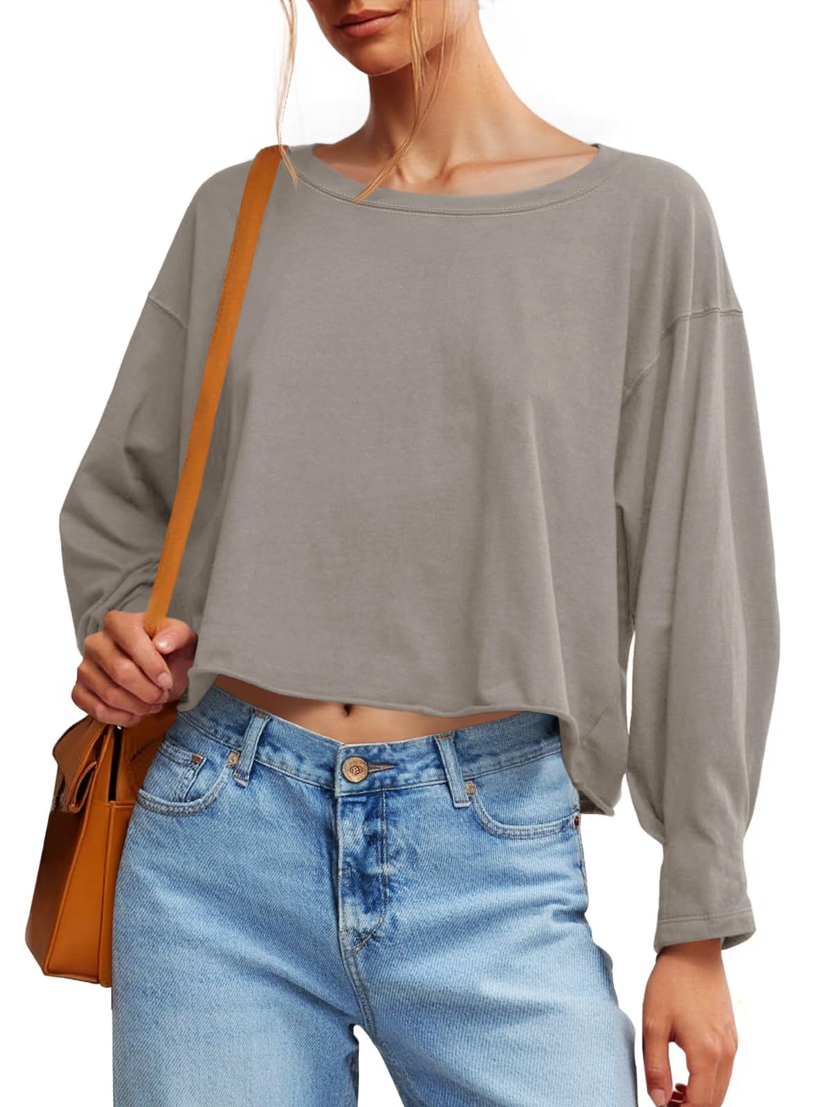 Fisoew Womens Long Sleeve Crop Tops Loose Fit Crew Neck Cropped T Shirts 2025 Casual Workout Tee Shirt Tops