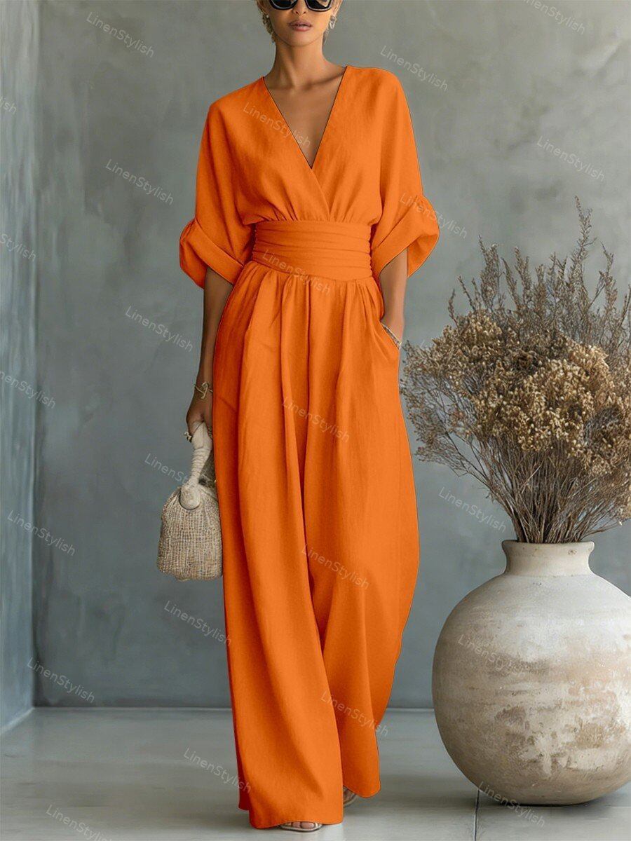 Waist-cinching V-neck Elegant Womens Jumpsuit