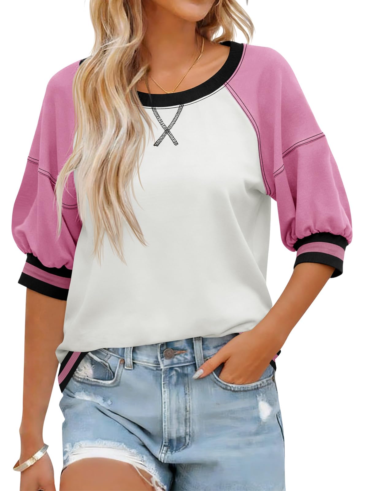 Fisoew Womens Crewneck Sweatshirt Ribbed Raglan Half Sleeve Pullover Tops Color Block Loose Fit Sweatshirts