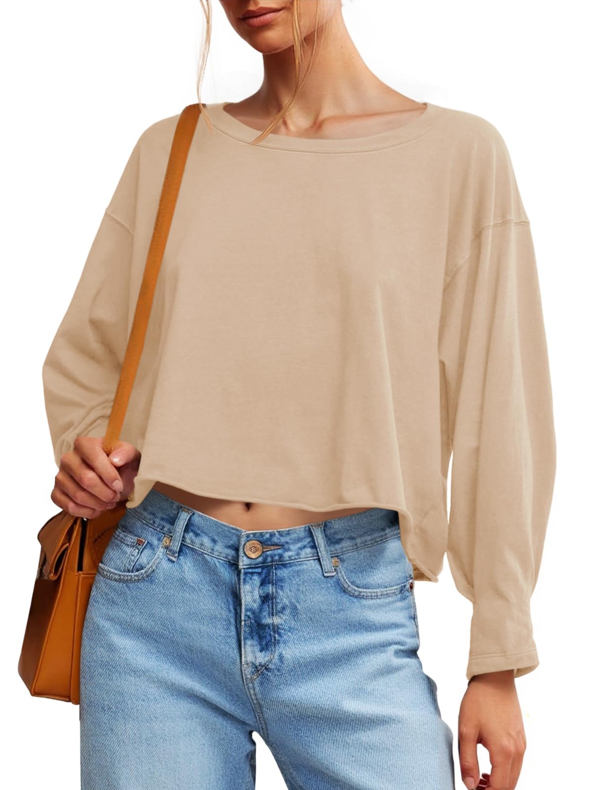 Fisoew Womens Long Sleeve Crop Tops Loose Fit Crew Neck Cropped T Shirts 2025 Casual Workout Tee Shirt Tops
